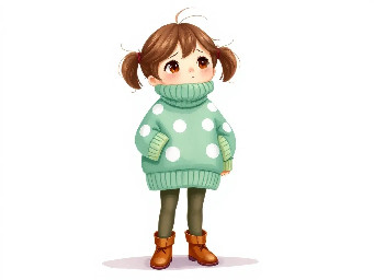 Full-body whimsical illustration of a small girl standing with slightly splayed legs, wearing an oversized chunky mint green sweater with white polka dots, ribbed high collar and exaggerated folded cuffs that swallow her hands, solid colored tights and simple brown ankle boots. She has tousled medium brown hair in loose pigtails, wispy strands, soft rounded features, flushed cheeks and a wistful, uncertain expression gazing up and to the side. Warm muted color palette, painterly textured strokes combining digital watercolor washes and colored-pencil sketch lines, visible grain and soft paper texture, gentle diffuse lighting, subtle cool shadow under feet, loose hand-drawn outlines and charming slightly rough brushwork to evoke innocence and quiet melancholy. Vertical composition, simple white background, cozy illustrative storybook style.