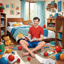 simple children's book illustration, thick black outlines, flat bright colors, minimal detail, white background, kindergarten phonics reader style  Bill, a young boy wearing a red shirt and blue shorts, sitting on the floor in his room Bill smiling and looking at his toys  a red ball, a doll, and a bell on the floor near him  simple bedroom background calm, happy scene  title text at top: "Bill's Stuff"