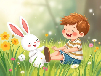 The little white bunny and a boy collide and fall in a meadow in a grass laughing
