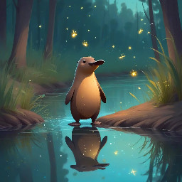 Pip the platypus stands at the edge of a glittering river at dusk, looking down at their reflection — a small brown creature with a leathery bill, flat beaver tail, and webbed feet. Their expression is curious, a little uncertain. Fireflies drift in the warm evening air around them.