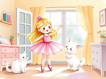 "A cute 3-year-old girl named Emma with blonde hair in a pink ballet tutu, dancing in a sunny cozy room. Next to her, a 1-year-old baby brother is trying to repeat her ballet pose. A fluffy white cat is watching them. Soft watercolor style, bright and magical atmosphere, children's book illustration."