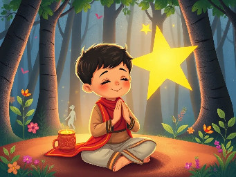 dhruv mediating as a 5 year old boy praying with indian clothes and with a big bright star behind him in a forest