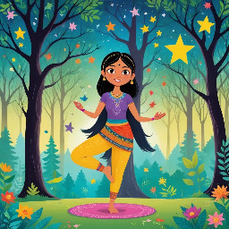Dhruv standing in a forest in the yoga tree pose in indian clothing with a bright star in the background