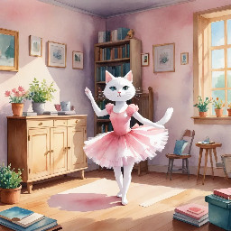 "A cute 3-year-old girl named Emma with blonde hair in a pink ballet tutu, dancing in a sunny cozy room. Next to her, a 1-year-old baby brother is trying to repeat her ballet pose. A fluffy white cat is watching them. Soft watercolor style, bright and magical atmosphere, children's book illustration."