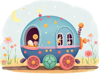 Süßer, kindlicher Fantasie-Traktor im Stil einer Bilderbuch-Illustration, geformt wie ein runder Kürbis mit kleinen freundlichen Fenstern, großen weichen Rädern, sanften Farben, Blattdetails, ein bisschen wie ein Spielzeug, liebevoll gezeichnet, hell, fröhlich, verspielt, einfach und charmant.