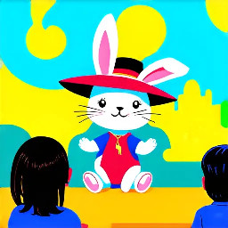 A lttle white bunny wearing a hat to hide long ears sitting at a class with human children  students