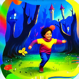 a child running from a castle in a clearing in a dark forest