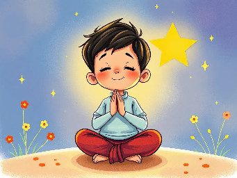 dhruv mediating as a 5 year old boy praying with a big bright star behind him