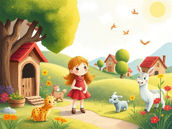 A little kind girl in the village with animals