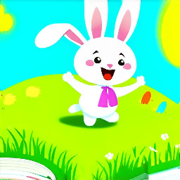 The little white bunny and a boy collide and fall in a meadow in a grass laughing