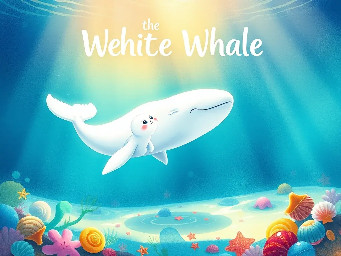 masterpiece, best quality, heartwarming illustration of a young white beluga whale calf named Wes swimming playfully alongside his mother in the sunlit shallows of the ocean, their sleek white bodies gliding through crystal clear turquoise water, beams of golden hour sunlight piercing the surface and creating magical light rays, Wes looks up with curious and joyful eyes, his large expressive fins moving gracefully, mother whale gently guiding him near a colorful seabed scattered with beautiful spiral shells and starfish, soft watercolor and digital painting style, enchanting and serene atmosphere, warm cinematic lighting, wide angle shot capturing the vastness and beauty of their underwater world, highly detailed, 4K, storybook illustration, title "Wes the White Whale" on top in kid-friendly font