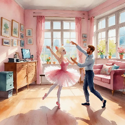 "A cute 3-year-old girl named Emma with blonde hair in a pink ballet tutu, dancing in a sunny cozy room. Next to her, a 1-year-old baby brother is trying to repeat her ballet pose. A fluffy white cat is watching them. Soft watercolor style, bright and magical atmosphere, children's book illustration."
