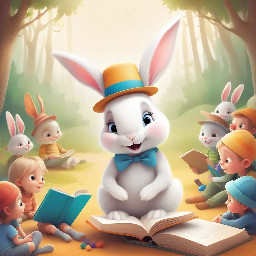 A lttle white bunny wearing a hat to hide long ears sitting at a class with human children  students
