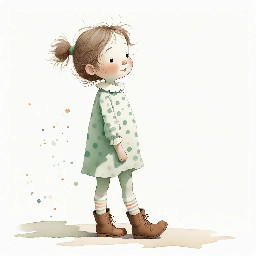 Full-body whimsical illustration of a small girl standing with slightly splayed legs, wearing an oversized chunky mint green with white polka dots, ribbed high collar and exaggerated folded cuffs that swallow her hands, solid color tights and simple brown ankle boots. She has tousled medium brown hair in loose pigtails, wispy strands, soft rounded features, flushed cheeks and a wistful, uncertain expression gazing up and to the side. Warm muted color palette, painterly textured strokes combining digital watercolor washes and colored-pencil sketch lines, visible grain and soft paper texture, gentle diffuse lighting, subtle cool shadow under feet, loose hand-drawn outlines and charming slightly rough brushwork to evoke innocence and quiet melancholy. Vertical composition, simple white background, cozy illustrative storybook style.
