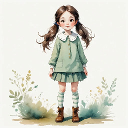 Full-body whimsical illustration of a small girl standing with slightly splayed legs, wearing an oversized chunky mint green with white polka dots, ribbed high collar and exaggerated folded cuffs that swallow her hands, solid color tights and simple brown ankle boots. She has tousled medium brown hair in loose pigtails, wispy strands, soft rounded features, flushed cheeks and a wistful, uncertain expression gazing up and to the side. Warm muted color palette, painterly textured strokes combining digital watercolor washes and colored-pencil sketch lines, visible grain and soft paper texture, gentle diffuse lighting, subtle cool shadow under feet, loose hand-drawn outlines and charming slightly rough brushwork to evoke innocence and quiet melancholy. Vertical composition, simple white background, cozy illustrative storybook style.