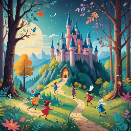 a child running from a castle in a clearing in a dark forest