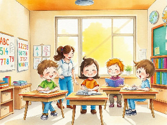 Highly detailed vibrant watercolor children’s book illustration, hand-painted traditional watercolor style, soft layered washes, visible brush strokes, subtle pigment bleeding, delicate ink linework, textured cold-pressed watercolor paper background, warm natural classroom lighting, joyful and imaginative atmosphere.  Scene setting:  Bright cheerful classroom interior during mid-morning sunlight. Large windows on one side allowing golden sunlight to stream in, soft glowing light beams painted with diluted yellow wash. Colorful alphabet posters on the walls, hand-drawn number charts, children’s artwork pinned to a corkboard, wooden desks arranged in a semi-circle, small indoor plants near the window, bookshelf filled with bright storybooks.  Foreground composition (center focus):  Four happy children interacting creatively inside the classroom:  • Boy 1 (age 8) – short curly dark hair, warm brown skin, wearing a bright blue short-sleeve shirt with subtle watercolor texture, khaki shorts, sitting at a wooden desk drawing with crayons, wide excited smile.  • Boy 2 (age 7) – soft straight dark hair, medium brown skin tone, wearing green overalls over a striped orange shirt, standing beside a globe, pointing at it curiously, gentle fascinated expression.  • Girl 1 (age 8) – braided hair tied with pink ribbons, caramel skin tone, wearing a flowing yellow dress with soft floral watercolor patterns, holding an open picture book, laughing softly.  • Girl 2 (age 7) – shoulder-length wavy black hair, warm golden-brown skin tone, wearing a purple cardigan over a mint-green skirt, round glasses, raising her hand confidently as if answering a question.  Near the children:  A fluffy grey-and-white classroom cat sitting on a desk, playfully batting at a pencil, tail curled around its paws, painted with soft layered brush strokes.  Around the classroom:  Small colorful birds (blue, yellow, and soft red) perched on the window frame and flying gently near the open window, wings softly blurred with loose watercolor strokes. A few feathers floating lightly in the air for movement.  Extra visual details:  Soft shadows under desks using diluted indigo wash. Sunlight reflecting gently off wooden floors. Subtle paint splatter details for playful energy. Warm glowing atmosphere created with golden wash overlay. Dreamy, storybook feel with harmonious color palette (coral, sky blue, sunshine yellow, soft green).  Composition:  Balanced center composition with children forming a semi-circle focal point. Slight eye-level perspective to create connection and warmth. High saturation yet soft blended watercolor tones. No harsh digital edges — authentic handmade watercolor appearance.  Typography placement:  Top center, above classroom chalkboard area.  Text style:  “Watercolor Children Book Illustration” in playful hand-painted watercolor brush lettering, soft gradient blend of pink, sky blue, and warm yellow, subtle shadow wash behind text for clarity.  Art style inspiration:  Classic storybook watercolor, soft expressive character design, whimsical classroom atmosphere, warm emotional storytelling.  -- vibrant watercolor pigments -- hand-painted texture -- soft lighting -- joyful classroom scene -- professional children book cover -- high detail -- 4k resolution -- warm tones -- whimsical mood
