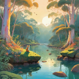 Wide view of a lush Australian river valley at sunrise. Tall eucalyptus trees, golden light on the water. Pip sits on a mossy rock at the river's edge, small and still, watching the world wake up.
