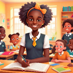 create a cartoonised colourful illustration of a 10 year old black girl in school uniform and her mother, discussing with her black class teacher in the classroom