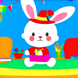 A lttle white bunny wearing a hat to hide long ears sitting at a class with human children  students